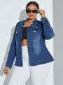SHEIN SXY Plus Size Women'S Long Sleeve Double Breasted Denim Jacket