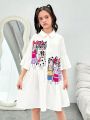 SHEIN Kids HYPEME Tween Girls' Street Style Cartoon Printed Loose Short Sleeve Shirt Dress For Spring And Summer
