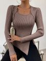 SHEIN Essnce Women'S Solid Color Square-Neck Split Hem Sweater