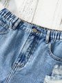 Teen Girls' New Casual Fashionable Frayed Hem Denim Shorts, Slim Fit