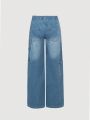 Female Teenagers Multi-Pocket Light Washed Blue Low-Rise Denim Trousers