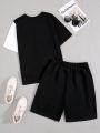 SHEIN Teen Boys' Casual Street Style Color Block & Expression Print T-Shirt And Shorts Set