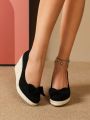 Women's Minimalist Ankle Strap Espadrille Sandals, Vacation Black Suede & Braided Rope Sole Lady Wedge Heels Thick Bottom Shoes