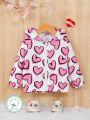SHEIN Baby Girl Basic, Casual, Sporty, Stylish, Cute, Fun & Heart Pattern Printed Hooded Jacket With Long Sleeves For Spring & Summer, Suitable For Valentine's Day
