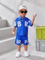 Baby Boy Casual Art Design Polo Shirt And Shorts Set With English Letter Print