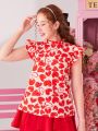 SHEIN Teen Girls' Woven Love Heart Pattern Flying Sleeve Casual Blouse