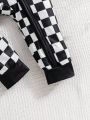 Baby Boy'S Checkered Print Romper With Diagonal Zipper