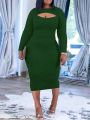 Plus Size Solid Color Hollow Out Long Sleeve Bodycon Dress