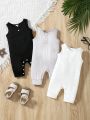 SHEIN 3pcs Baby Boy Casual, Comfortable, Cute, Fashionable, Sleeveless, Half-Button, Open Crotch Romper Suit For Home And Outdoors