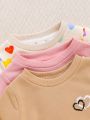 SHEIN Baby Girls' Casual Heart Patterned Sweater Three Piece Set With Long Sleeves And Round Neck