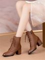 Ladies' British Style Elegant Solid Color Single Buckle Classic Boots With Side Zipper
