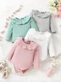 4pcs/Set Baby Girl's Solid Color Long Sleeve Romper, Simple, Comfortable & Cute Classic Style, Spring & Summer