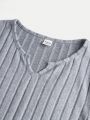 Teenage Girls' Knit Solid Color Textured Placket V-Neck Pleated Casual T-Shirt