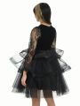 Tween Girl Contrast Lace Mesh Overlay Party Dress