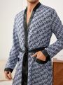 Men'S Hooded Robe With Letter-Print & Colorblock Design And Rolled Hem For Home