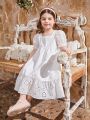 SHEIN Kids CHARMNG Young Girls' Square Collar Hollowed Out Lace Trim Bubble Sleeve Ruffled Hem Dress, Mommy And Me Matching Outfits (2 Pieces Are Sold Separately)