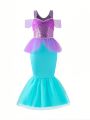 Young Girl's Mermaid Scale Costume Sequin Mesh Jewel Embellished Bodysuit Dress For Cosplay/ Festival/ Party