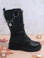 Girls Chain Decor Lace-up Front Combat Boots