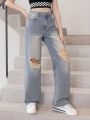 Teen Girls' Casual, Vintage, Distressed, Retro, Washed Denim Wide Leg Jeans
