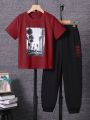 SHEIN Kids SUNSHNE Tween Boy Picture and Letter Graphic Tee & Sweatpants