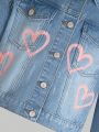 Teen Girls' Denim Jacket And Coat, Casual Fashionable Pink Heart Graffiti Print Denim Jacket Outerwear
