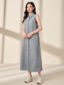 SHEIN Mulvari Women's Solid Color Button Front Sleeveless Dress And Front Opening Coat 2pcs/set