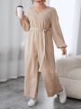 SHEIN Essnce Plus Size Women's V-Neck Suede Belted Lantern Sleeve Jumpsuit With Straight Legs