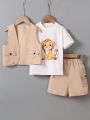 3pcs/Set Toddler Boys' Cartoon Print Short Sleeve T-Shirt, Vest Jacket And Shorts Outfits