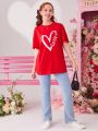 SHEIN Teen Girls' Knitted Heart Pattern Casual Short Sleeve T-Shirt