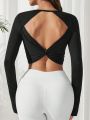 SHEIN Yoga Basic Buttoned Off Shoulder Cropped Sports T-Shirt