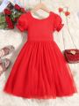 Toddler Girls' Red Puff Sleeve Lace A-line Princess Dress With Waist Tie For Cute Everyday Spring/summer Wear