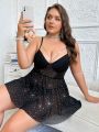 Plus Size Lace, Sequin And Mesh Sexy Lingerie Dress With G-String