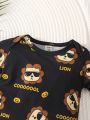 2pcs Infant Boys' Cute Cartoon Lion & Star Pattern Short Sleeve Romper With Round Neckline And Shorts, Casual & Home Wearing