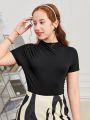 SHEIN Teen Girl Knitted Solid Color Stand Collar Casual Short Sleeve T-Shirt