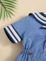 SHEIN Baby Boy's Navy Collared Colorblock Striped Short Sleeve Romper