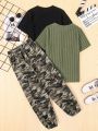 SHEIN Kids EVRYDAY Tween Boys' Casual Loose Fit 2pcs Round Neck T-shirts And 1pc Camouflage Pants