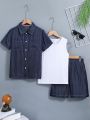 SHEIN Kids KDOMO 3pcs/Set Cool And Versatile Short Sleeve Shirt, Round Neck Vest And Shorts For Tween Boy