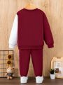 SHEIN Kids HYPEME Toddler Boys' Color Block Geometric Pattern Long Sleeve Two-piece Set For Autumn And Winter