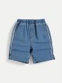 SHEIN Boys' Elastic Waistband, Non-stretch, Straight-leg, Frayed Hem Denim Shorts, Blue