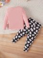 SHEIN Baby Girls' Lovely Cartoon Printed Long Sleeve Bodysuit Pajama Set