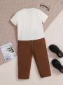 SHEIN Kids Nujoom Young Boy Loose Cute Weaved Short Sleeve Shirt And Pants Set
