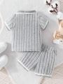 Infant Toddler Vertical Ribbed Mock Collar Short Sleeve Polo Shirt And Shorts Set