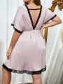 Plus Contrast Lace Batwing Sleeve Bow Front Nightdress