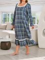 Women's Plus Size Checkered Patchwork Lace Trimmed Ruffle Hem Nightgown