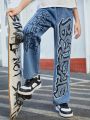 SHEIN Boys' Graffiti Print Elastic Waist Straight Leg Jeans
