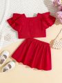 SHEIN Baby Girl Casual Solid Color Double Layered Ruffle Sleeve Short Top And Skirt Set