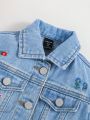 SHEIN Young Girls' Spring New Arrival Lovely Floral Embroidered Denim Jacket