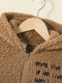SHEIN Tween Girl 1pc Bear & Slogan Embroidery Hooded Teddy Vest Jacket
