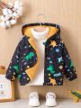 Baby Boy Dinosaur Print Teddy Lined Hooded Coat Without Sweater