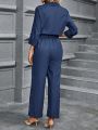 SHEIN Clasi Solid Color Buttoned Roll-sleeve Wide-leg Jumpsuit